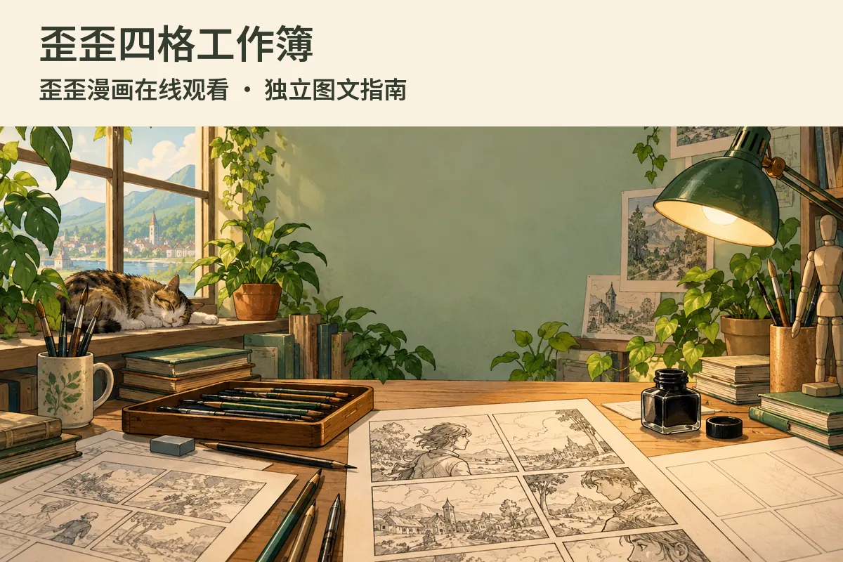 歪歪四格工作簿的影像与阅读工作空间示意，画面为原创场景插画而非平台截图