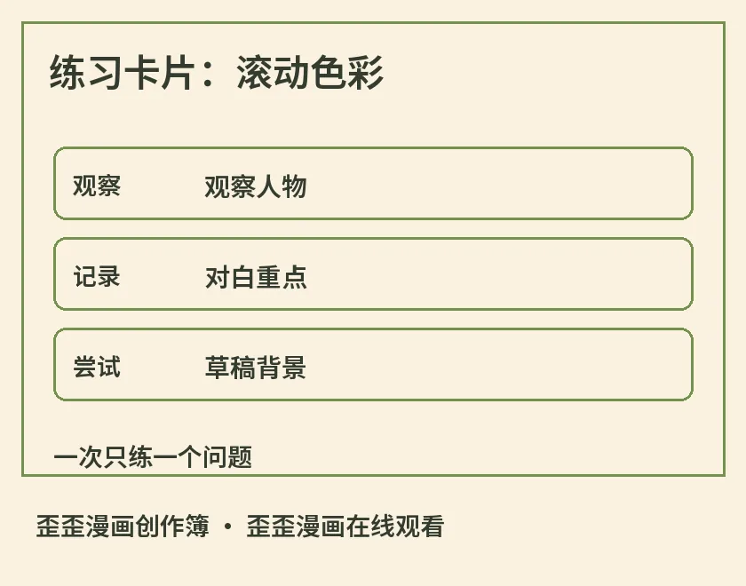 练习卡片：草稿测试示意图，标出生活观察、人物轮廓、气泡读序